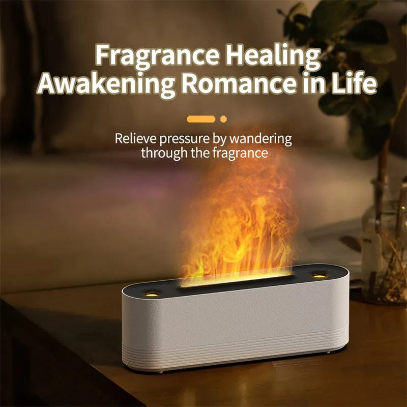 Black Flame Air ultrasonic humidifier and essential oil diffuser with coloured LED lights on a desk.