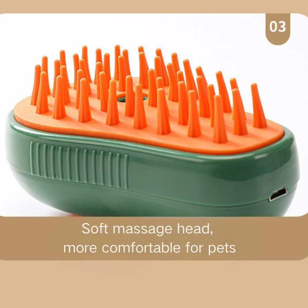 Green and white rechargeable cat steam brush with water spray and silicone grooming teeth