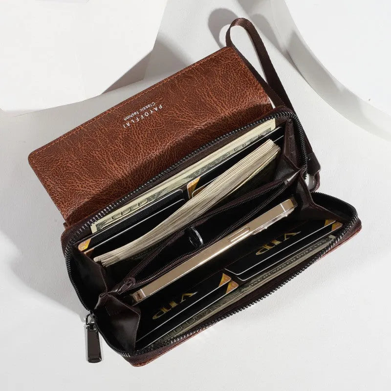 Men's black PU leather long wallet with multiple card slots, shown open and closed.
