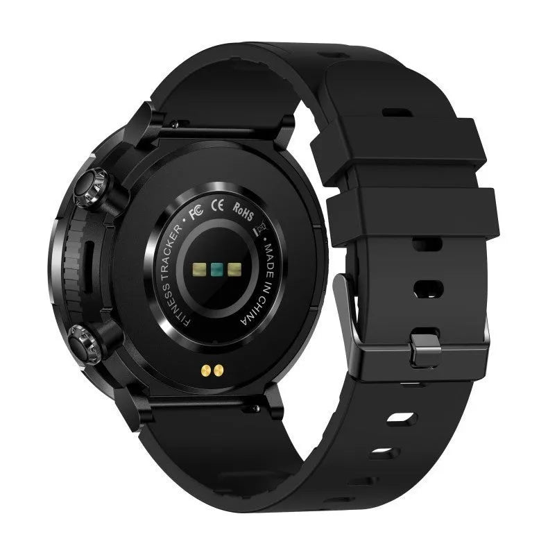 T30 smart watch with a black silicone strap on a wrist, showing a home screen with time and health metrics.
