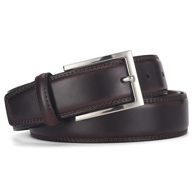 Men's black genuine leather belt with a silver alloy pin buckle fastener on a plain background