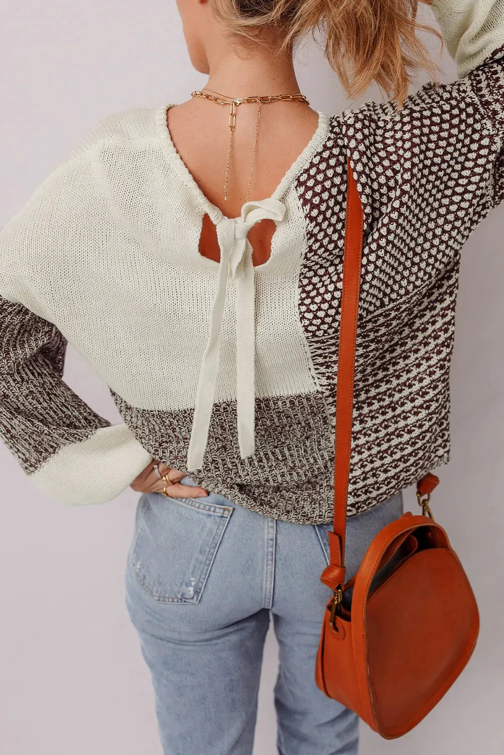 Dark khaki colour block drop shoulder loose sweater with long sleeves and a back tie detail