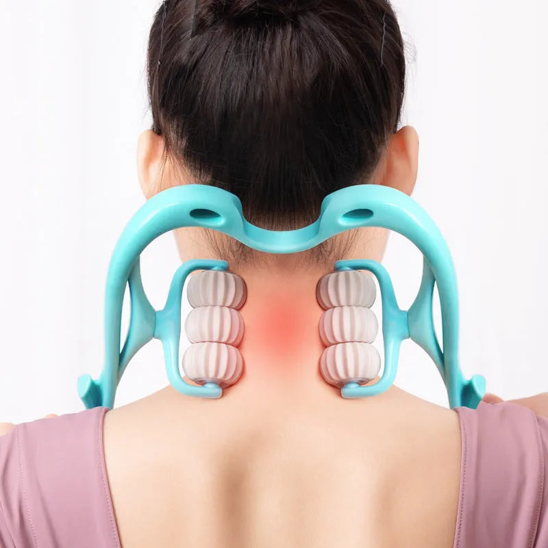 Blue handheld electric massager with six rotating wheels for shoulder neck and waist