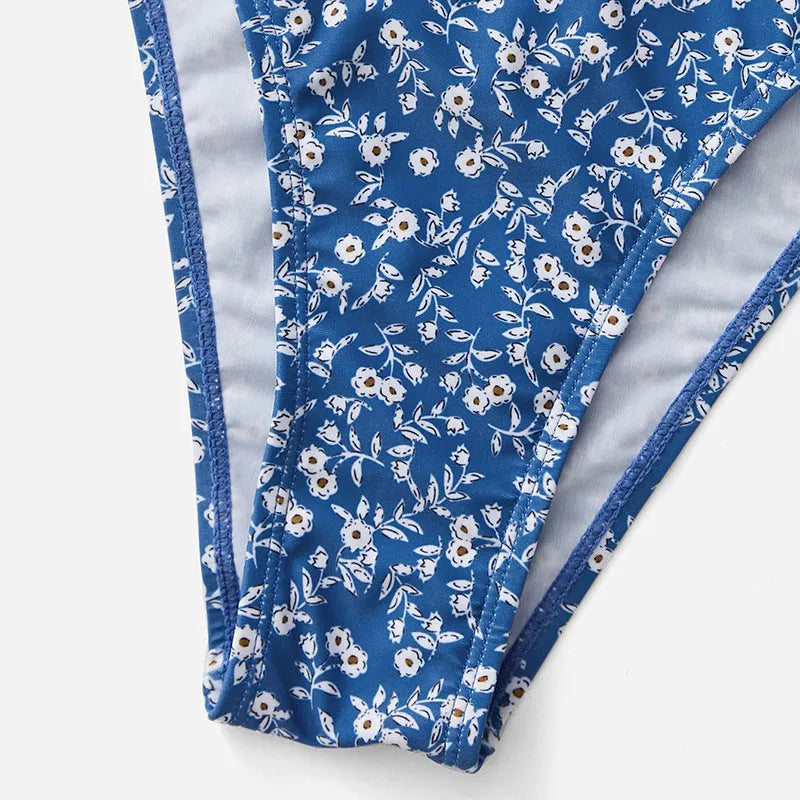 Blue polyester swimsuit three-piece set without steel rings showing top and shorts