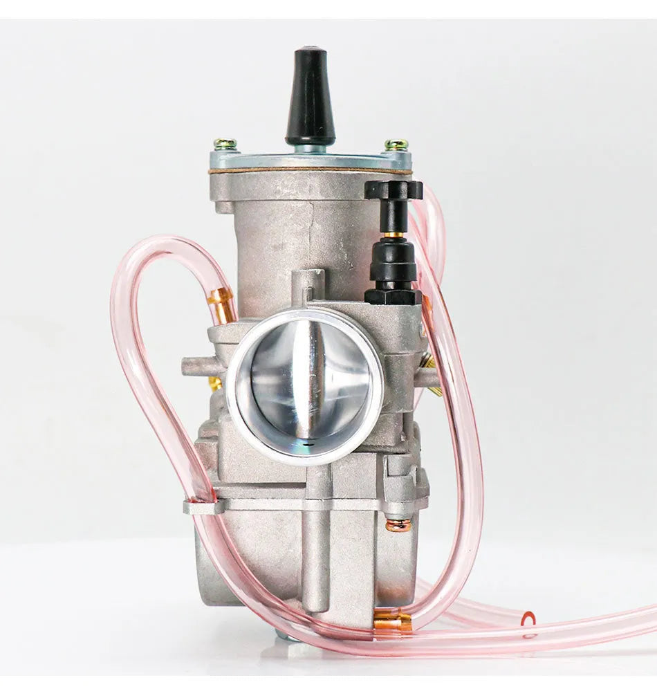 Sandblasted PWK motorcycle performance carburetor for engine tuning, sizes 21mm to 34mm.
