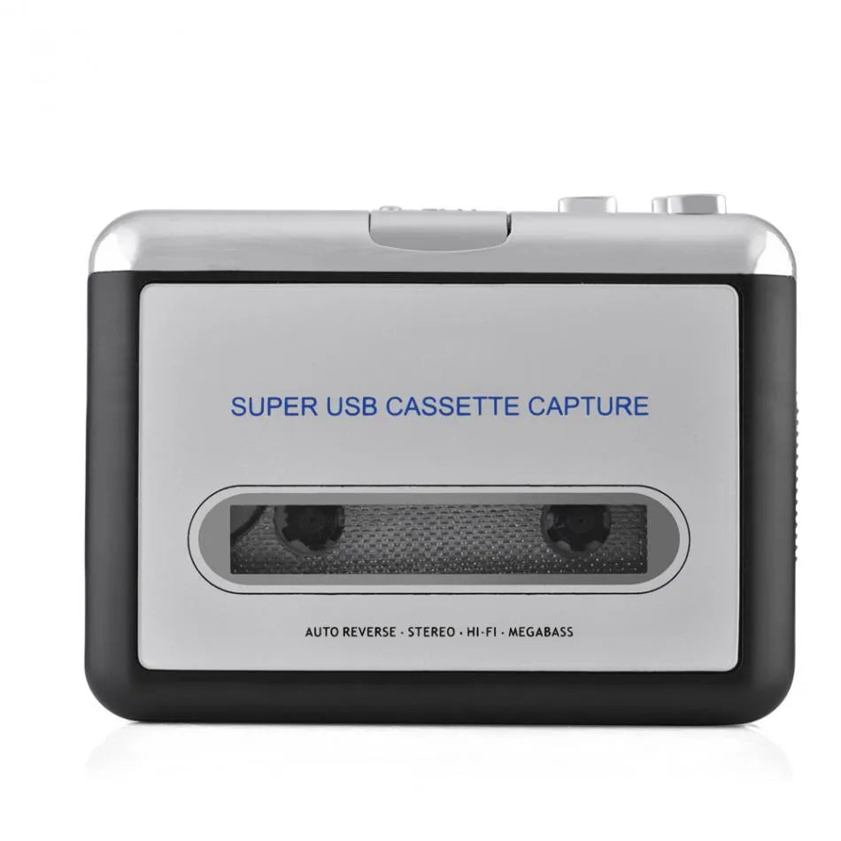 Silver USB cassette to MP3 converter unit with USB cable and earphones on a white background