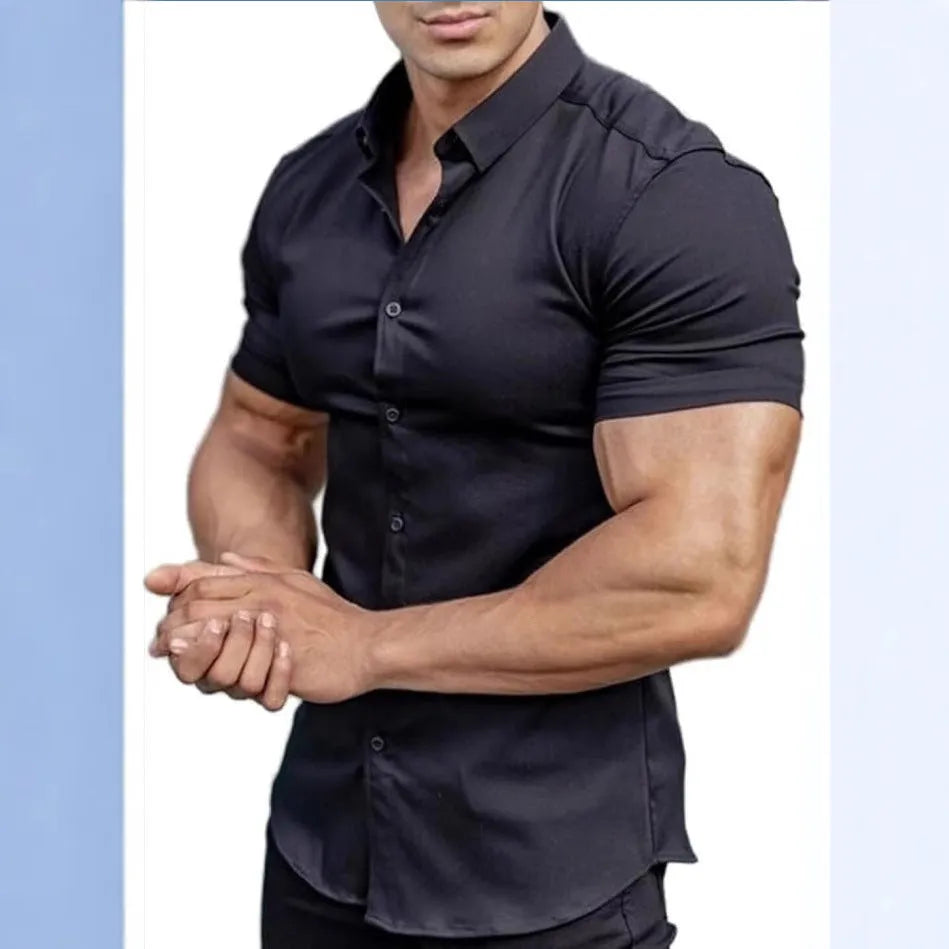 Men's casual short sleeve printed shirt cardigan in polyester, shown in brown colour.