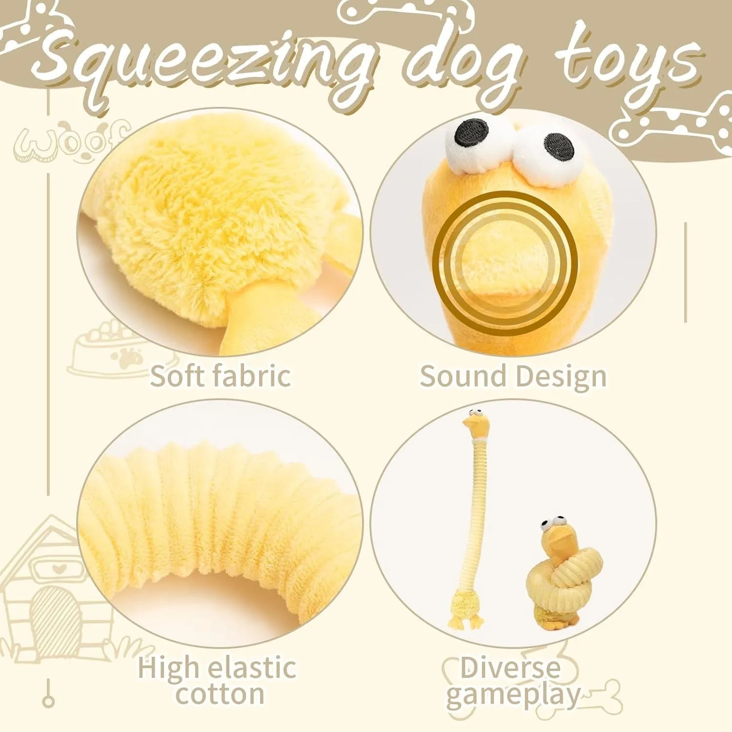 Brown, grey, and yellow plush dog toys with a foldable design for squeaky and crinkle play.