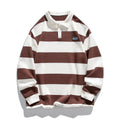 Men's loose pearl cotton polo shirt with striped collar in blue, green, or coffee colours