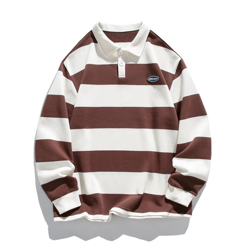 Men's loose pearl cotton polo shirt with striped collar in blue, green, or coffee colours
