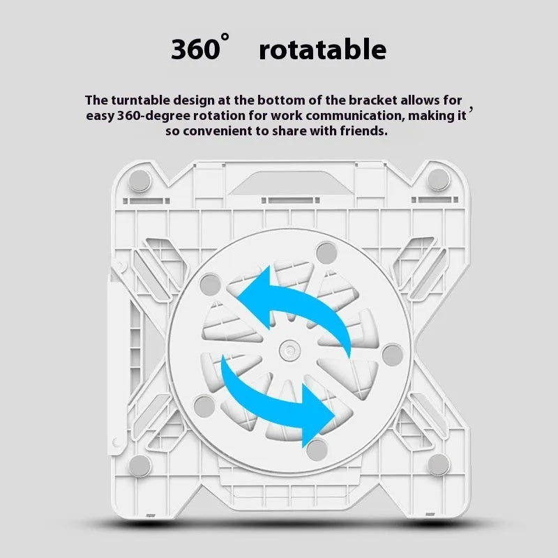 Black ABS plastic laptop bracket with 300x200mm support area on wooden desk