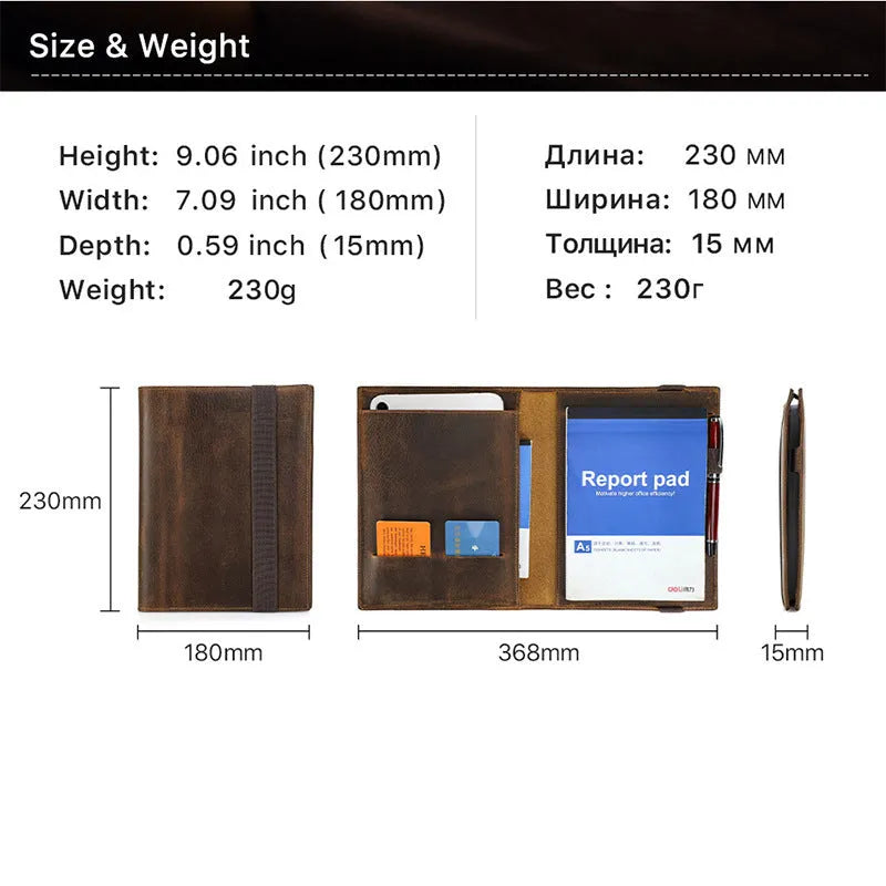 Brown Crazy Horse leather A5 notebook protective sleeve with socket closure