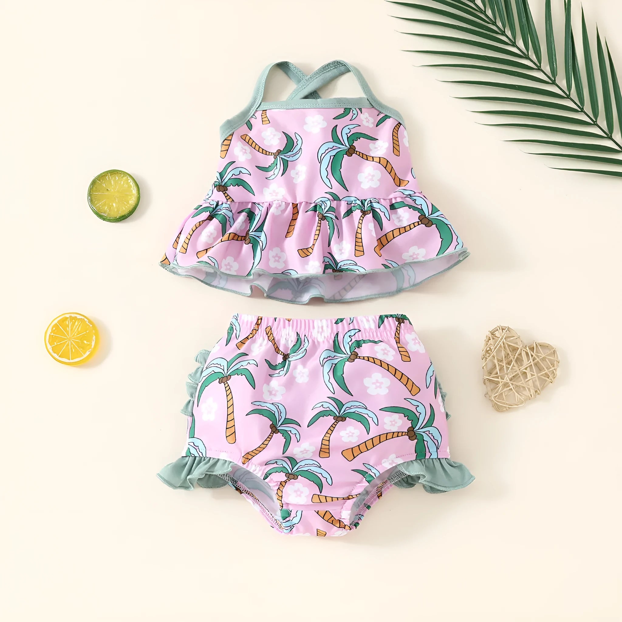 White children's two-piece polyester swimsuit set with top and shorts for spring beachwear.
