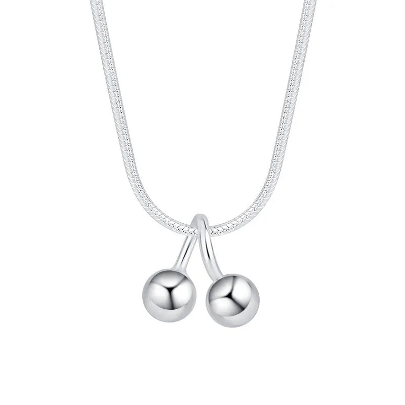 S925 sterling silver cherry necklace on adjustable snake bone chain for women.