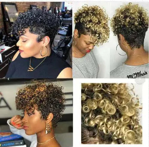 Women's short rolls style synthetic wig in Kanekalon, shown in black, brown, gold, and grey colour options.