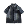 Blue Japanese-style retro denim shirt with washed stitching, loose cardigan design for men