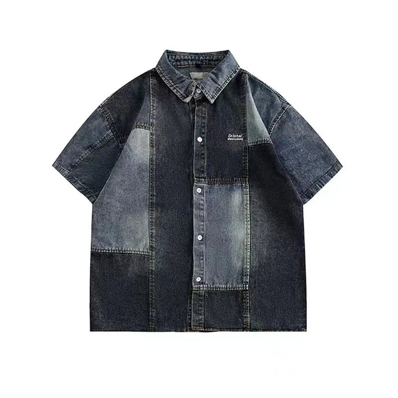 Blue Japanese-style retro denim shirt with washed stitching, loose cardigan design for men