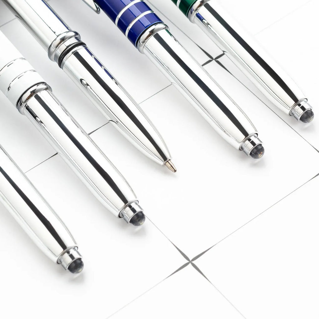 Multifunctional metal capacitive stylus ballpoint pen with LED light in red, black, white, green, and blue colours.