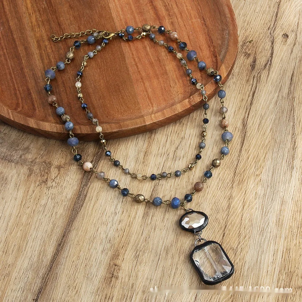 Two-layer tribal necklace with stone and glass pendants on alloy chain, adjustable length