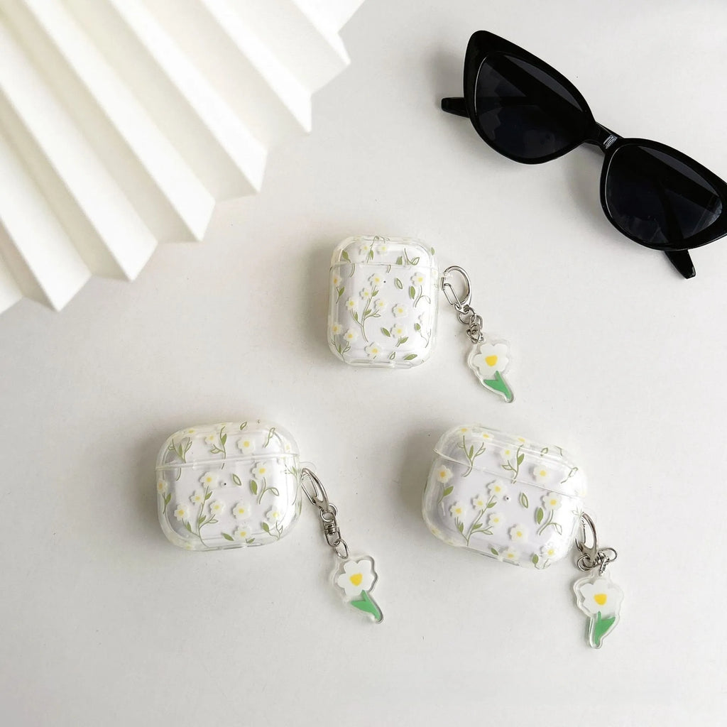 White floral pattern AirPods protective cover with high-transparency TPU material