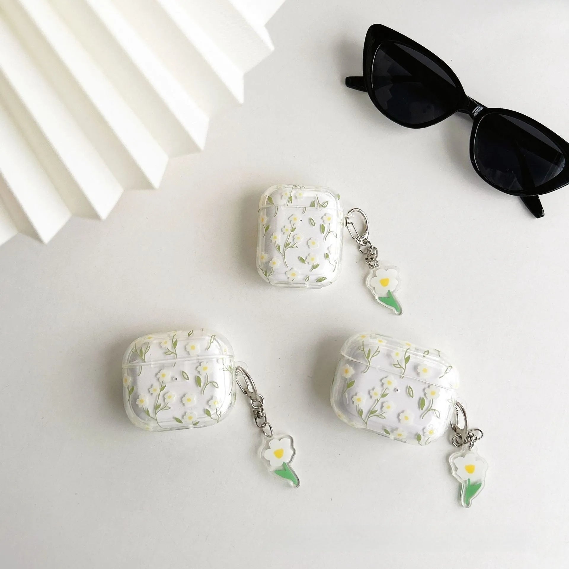 White floral pattern AirPods protective cover with high-transparency TPU material