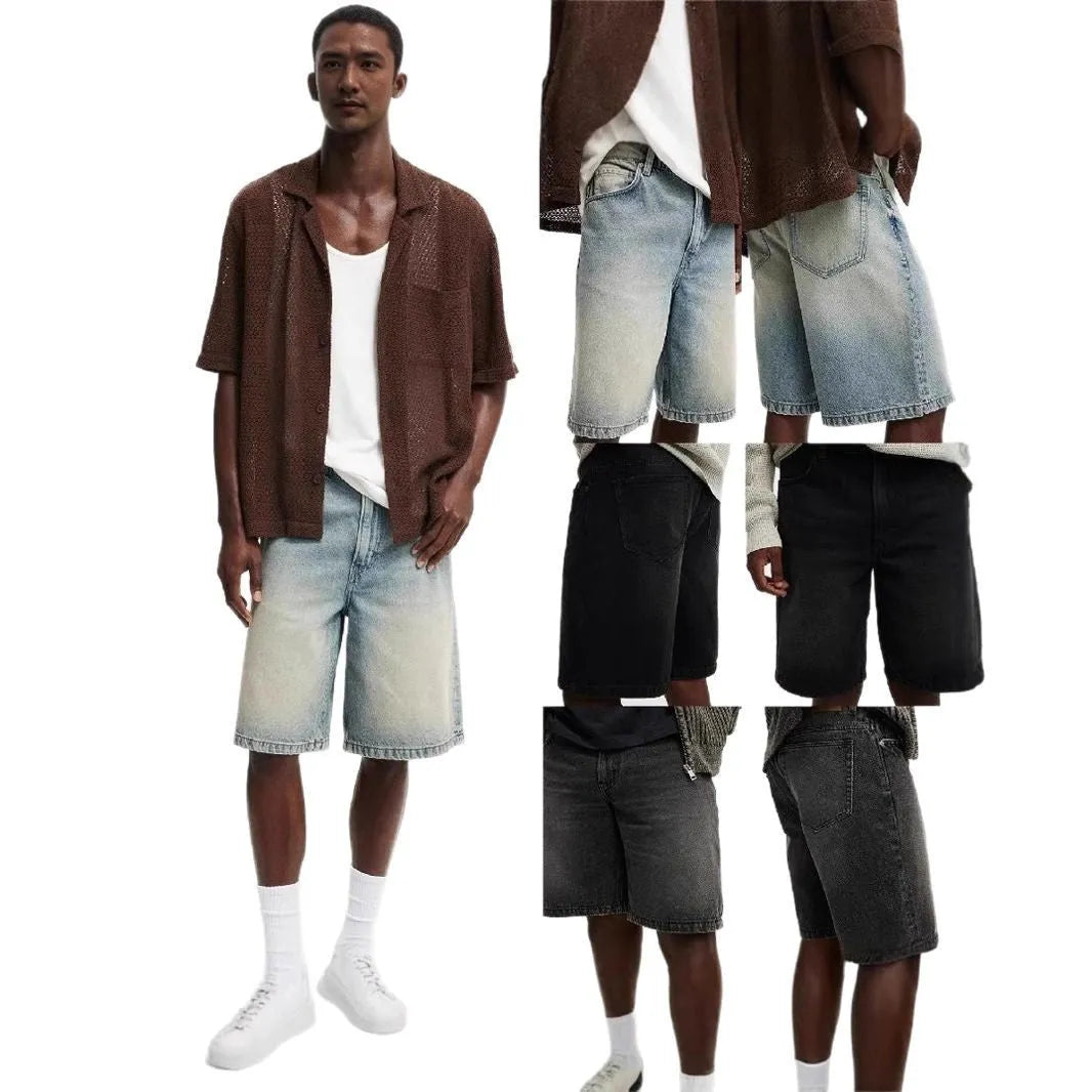 Men's loose fit light blue straight leg cotton jeans on a neutral background