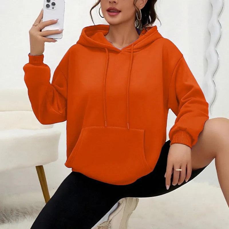 Women's loose drawstring pocket sweatshirt in polyester fabric with long sleeves