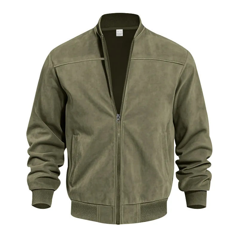 Men's plus size Army Green suede zip-up casual jacket on a hanger.