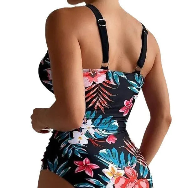 Women's floral one-piece swimsuit in backless design with high elasticity for swimming