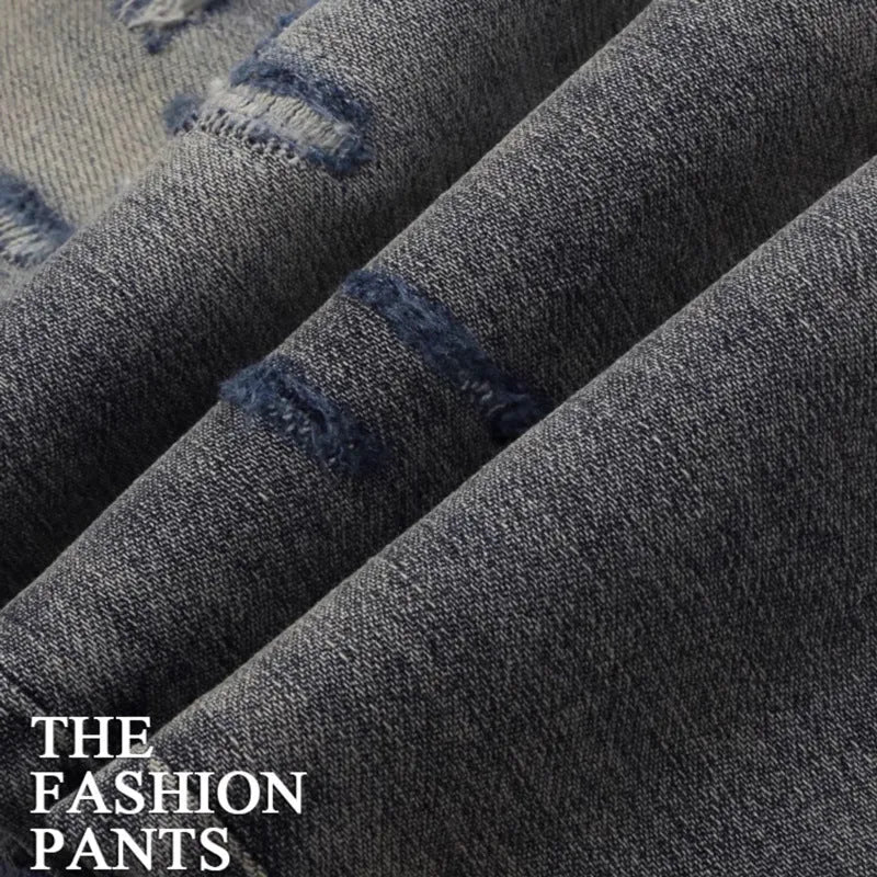 Old colour slim fit jeans with washed-out hole patch embroidery and micro-elasticity cotton fabric
