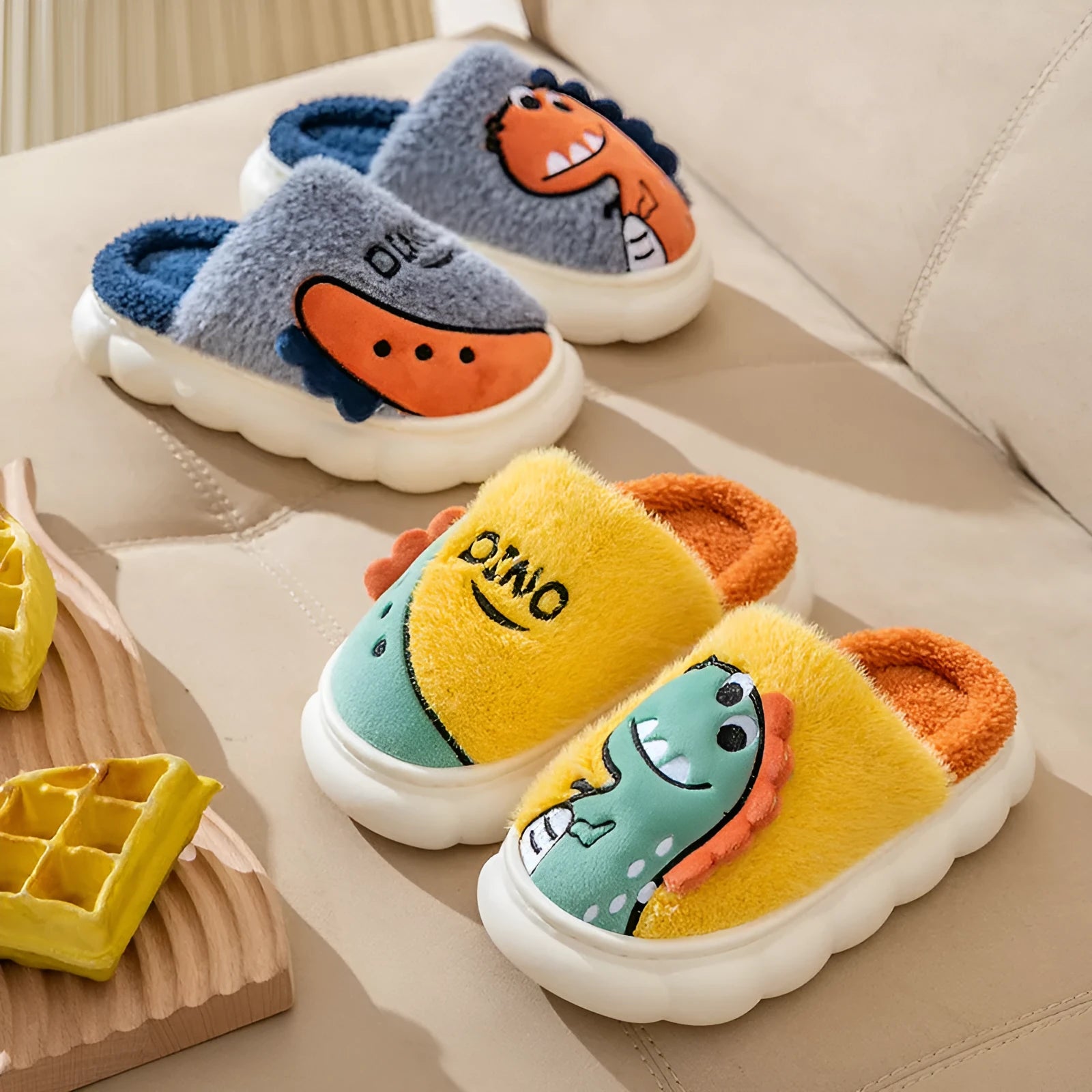 Cotton plush couple slippers with dinosaur designs in three colour options