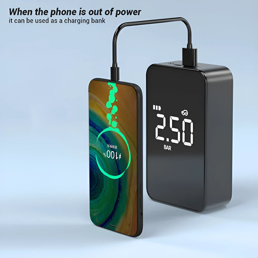 Wireless digital display air pump with hose and nozzles on a flannelette bag