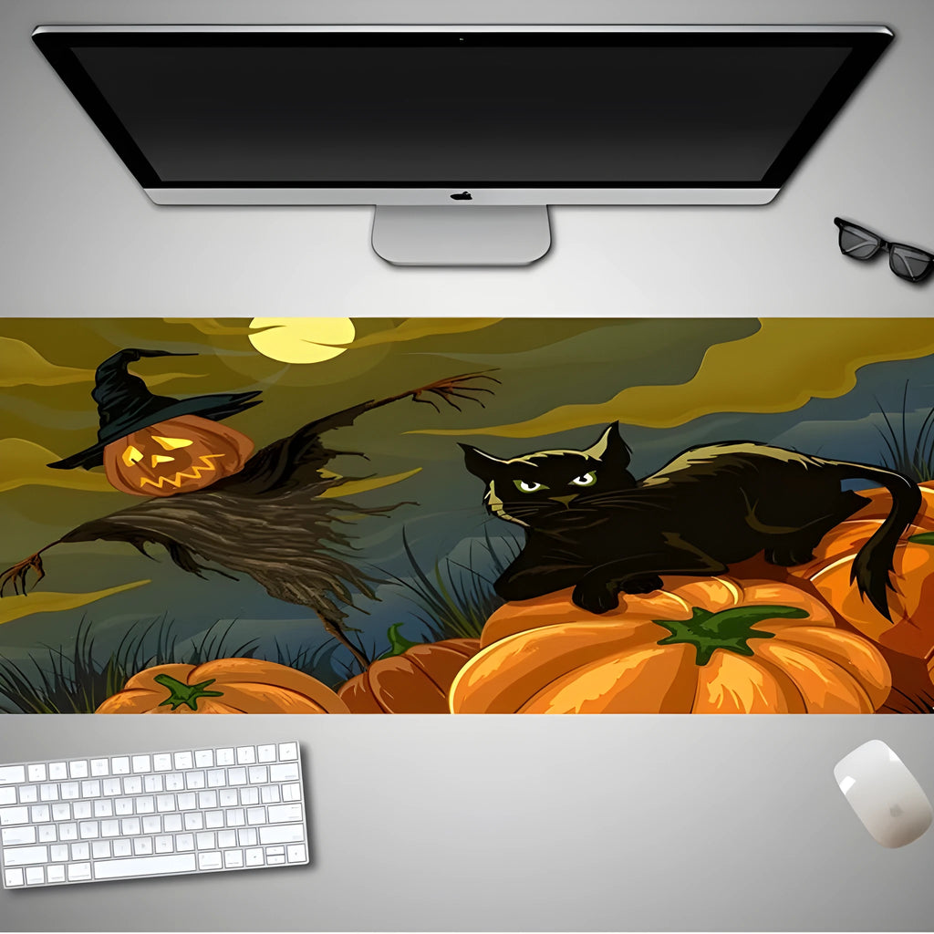 Oversized rectangular Halloween-themed mouse pad on a desk, showing one of 28 graphic designs.