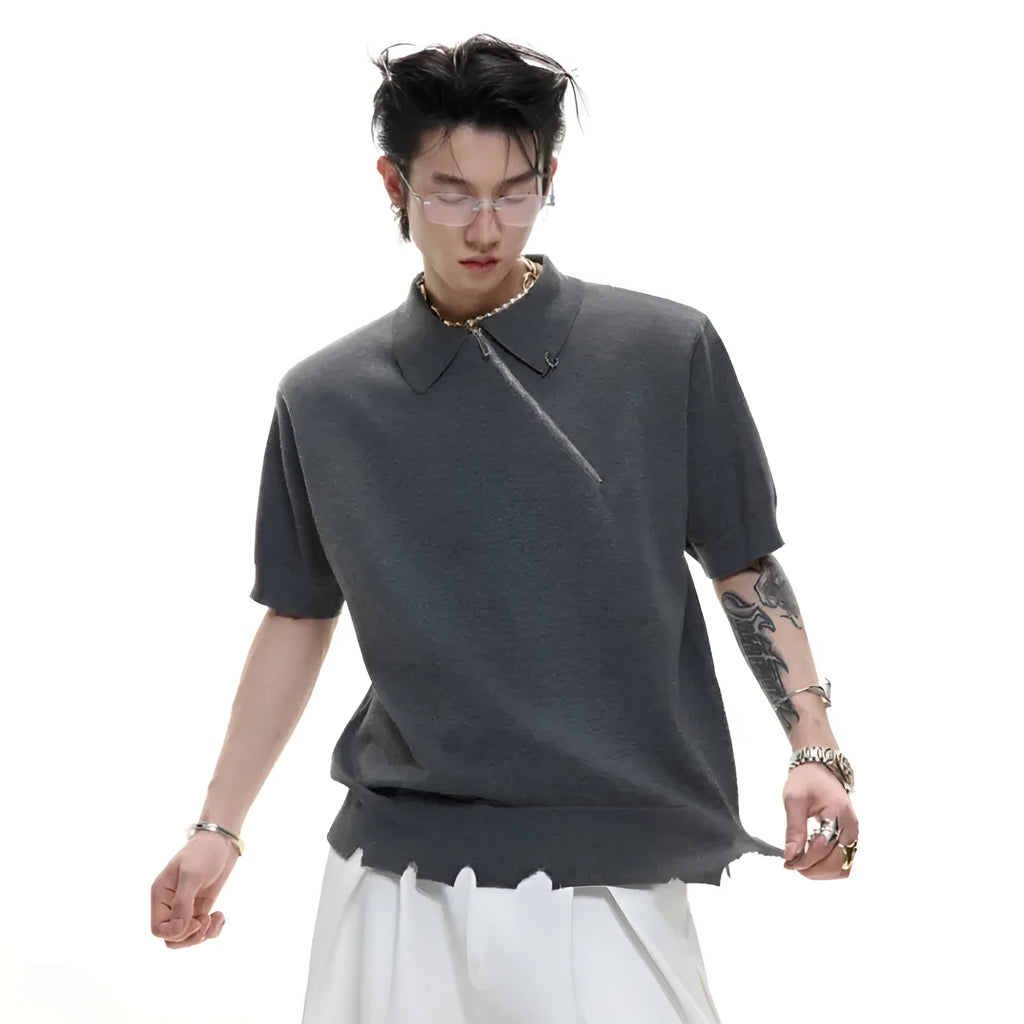 Men's ice-cooling slim-fit polo shirt with oblique zipper detail in black colour