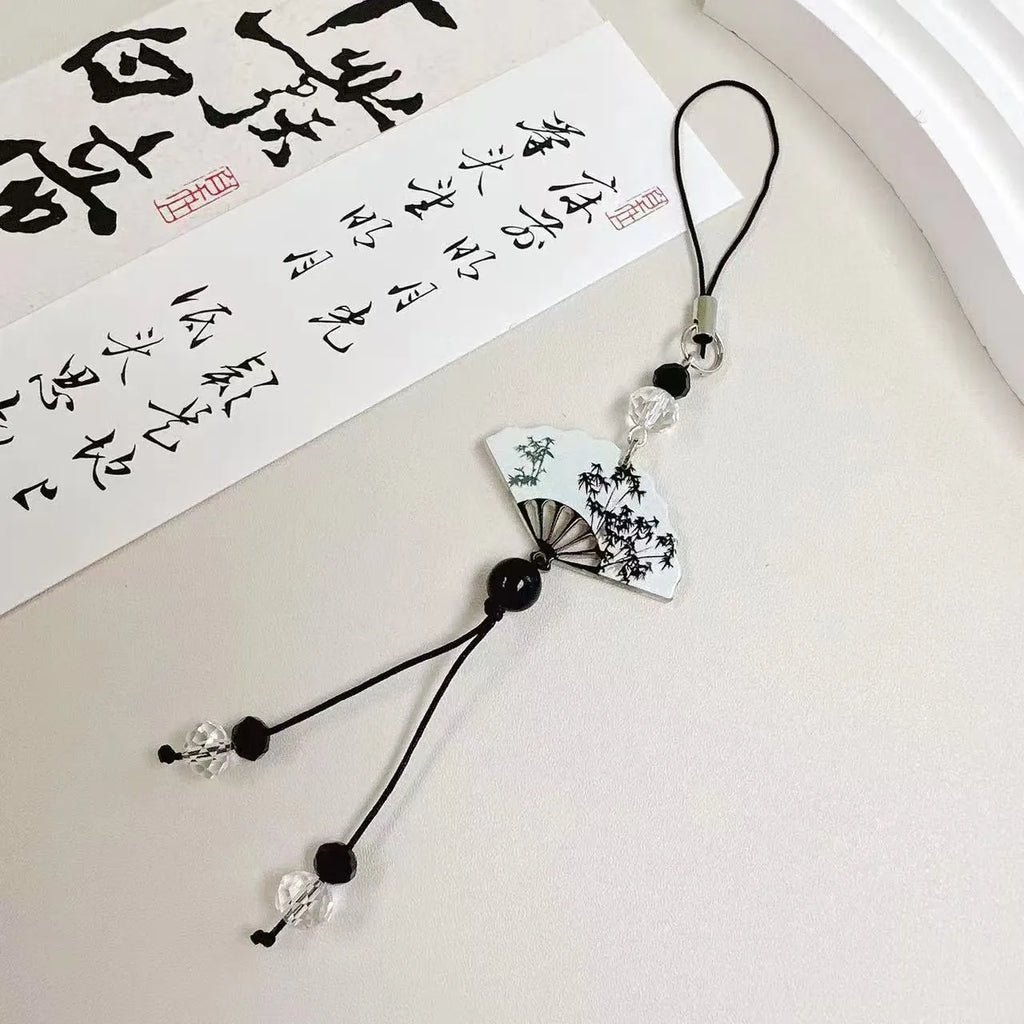 Chinese Guofeng style pendant keychain with floral pattern in baking varnish coated beads