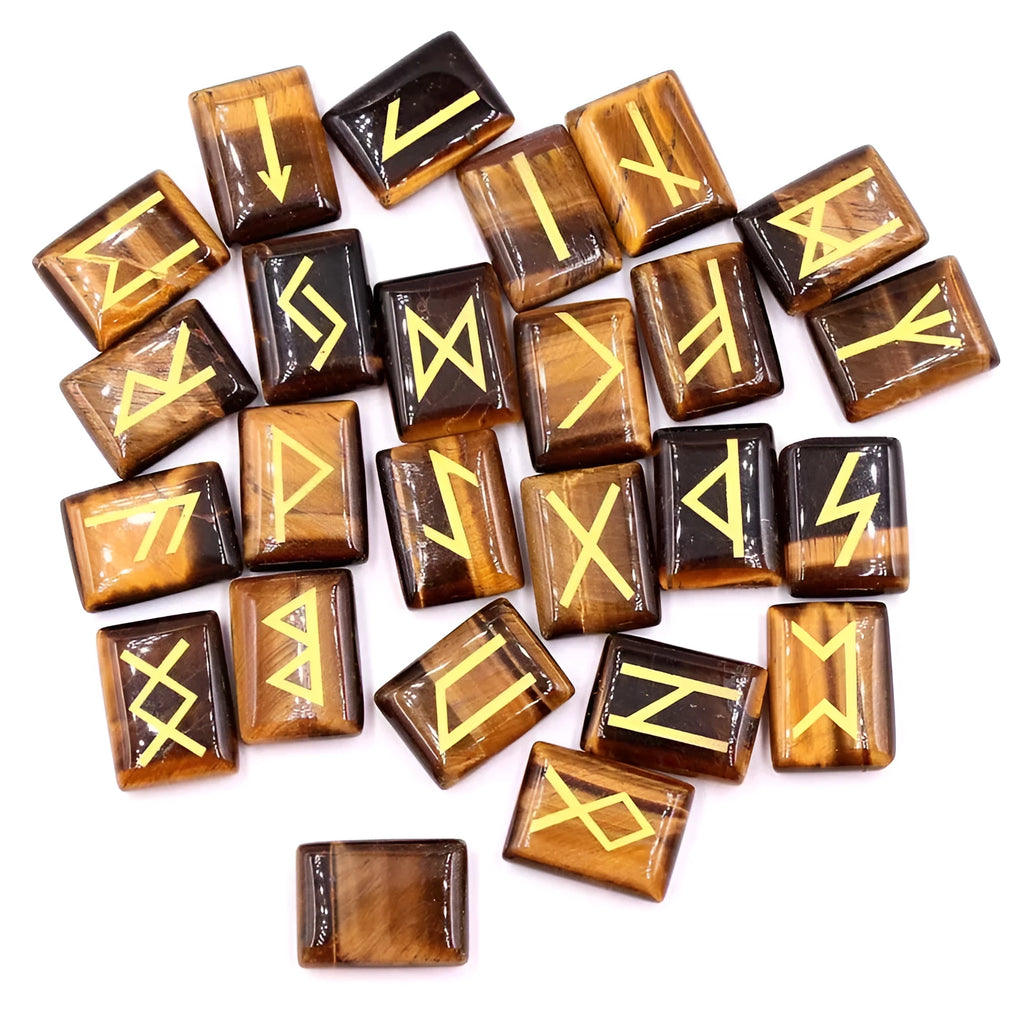 Square crystal rune ornament with THALO lettering and Luen symbol, available in Tigereye and red agate