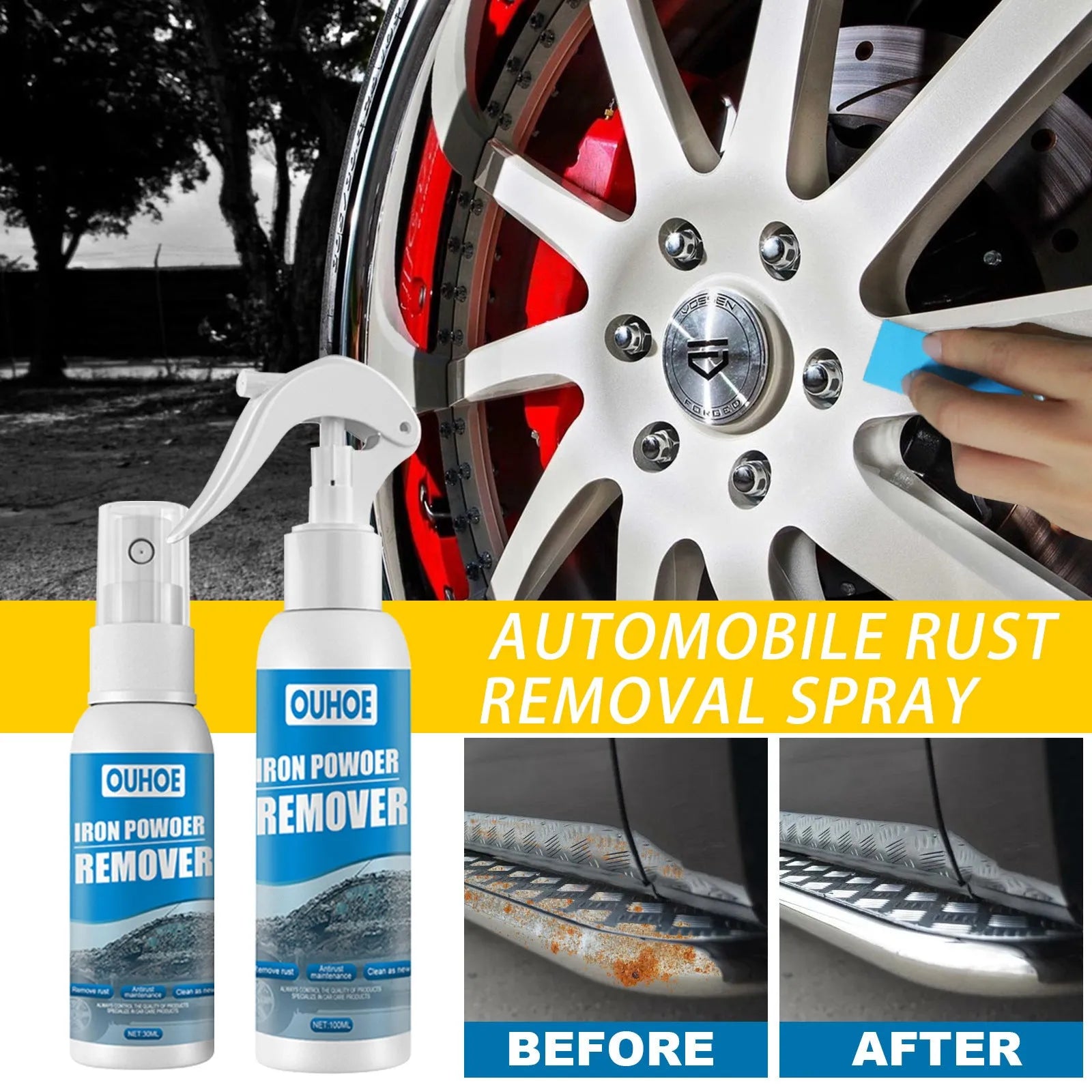 Automotive rust treatment spray bottle with sponge and towel applicator options for car bodywork maintenance
