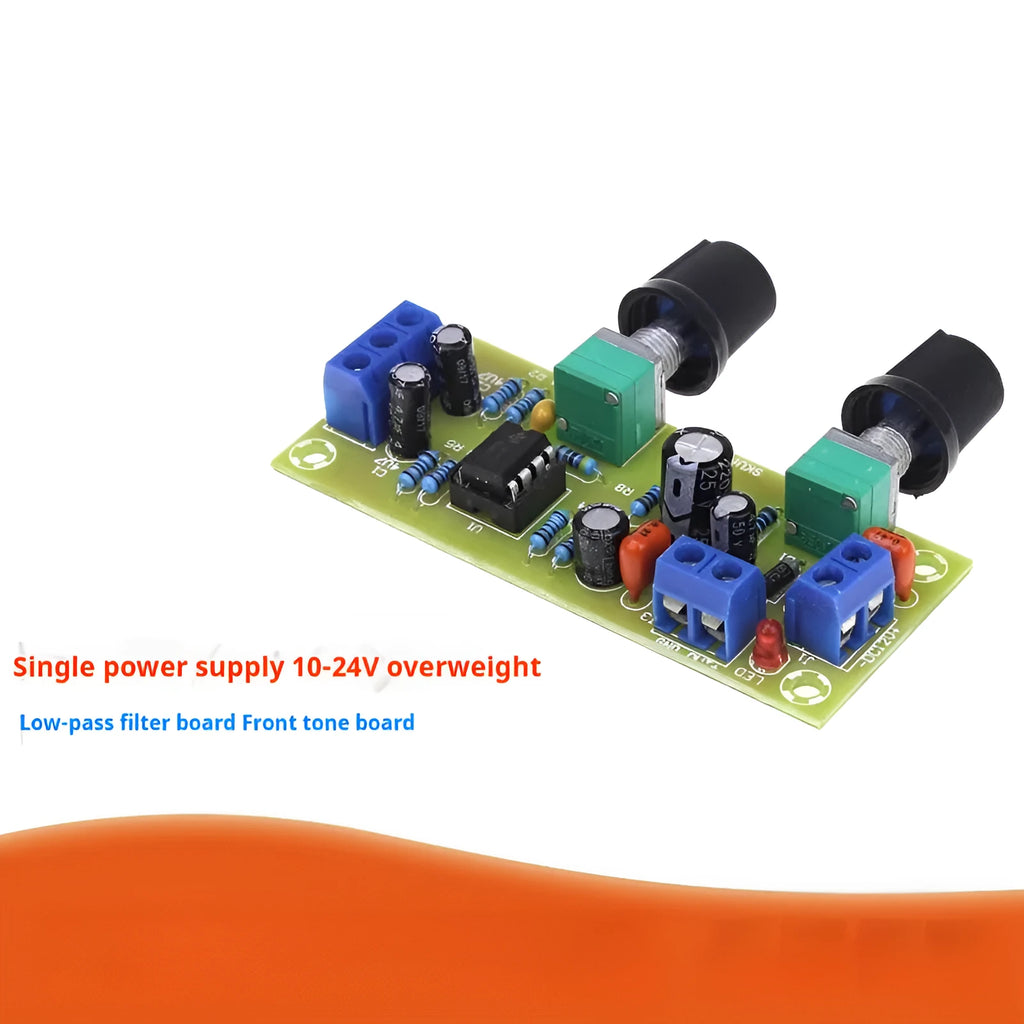 Front stage amplifier circuit board with bass boost components on green FR-4 fibreglass