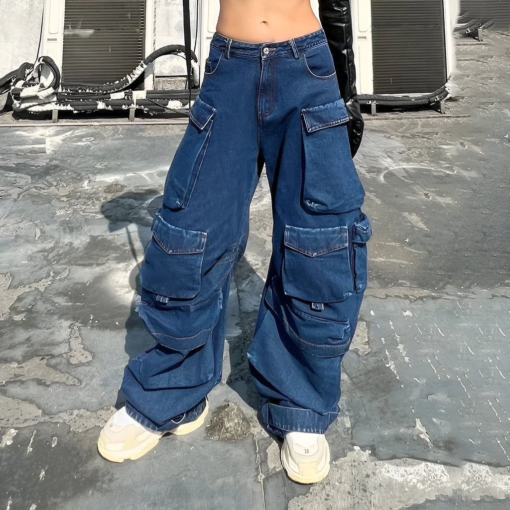 Dark blue distressed wide-leg workwear jeans with high waist and multiple pockets