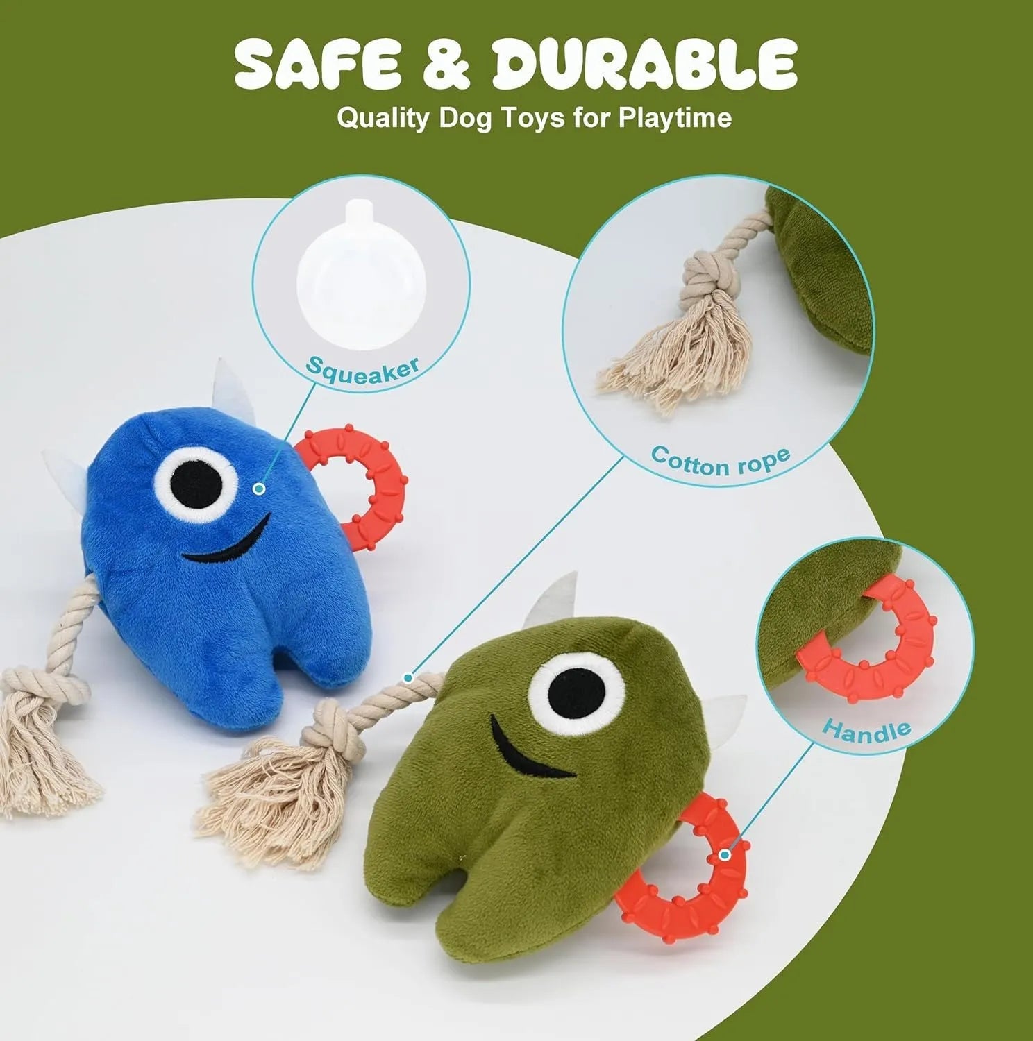 Blue and green plush dog toy with cotton rope elements and squeaker for chewing and tug of war play.