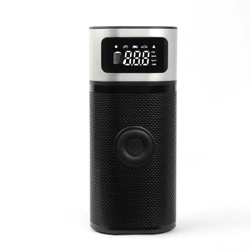 Black portable wireless vehicle air pump with 15cm tube, multiple nozzles, and USB charging cable