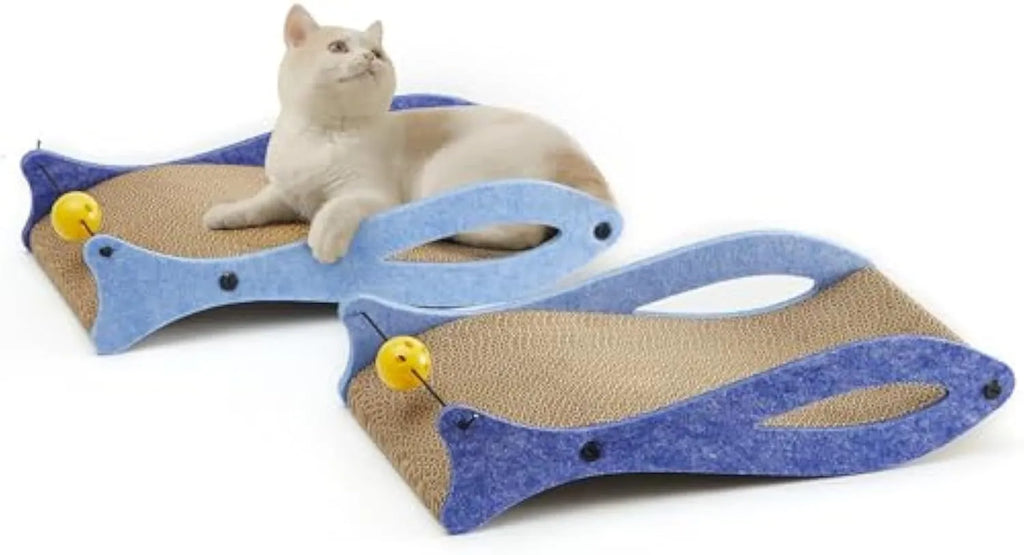 Blue fish shaped cardboard cat scratcher with bell ball toys on elastic cord, measuring 46cm long
