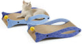 Blue fish shaped cardboard cat scratcher with bell ball toys on elastic cord, measuring 46cm long