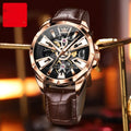 Men's automatic mechanical watch with hollow barrel dial on leather strap, stainless steel case.
