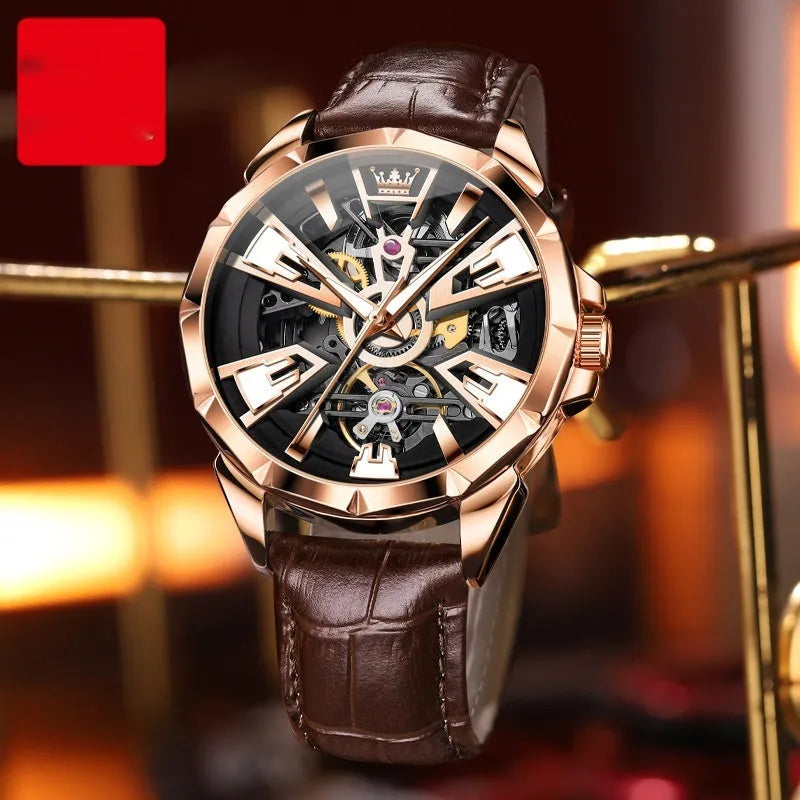 Men's automatic mechanical watch with hollow barrel dial on leather strap, stainless steel case.