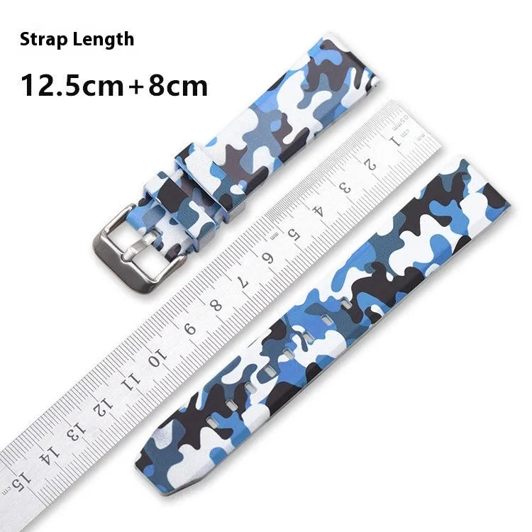 Camouflage silicone watch strap with flat head design available in green blue and grey for 20mm 22mm 24mm watches