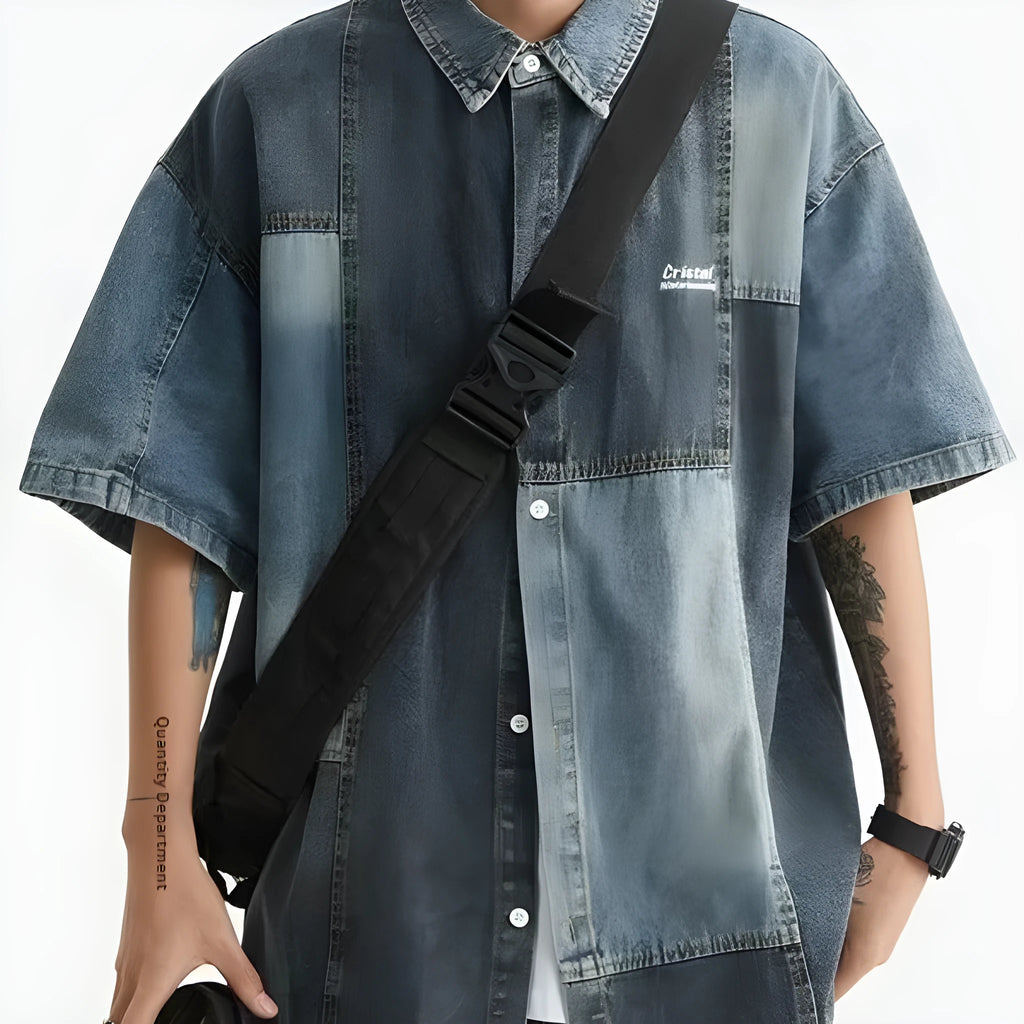 Blue Japanese-style retro denim shirt with washed stitching, loose cardigan design for men