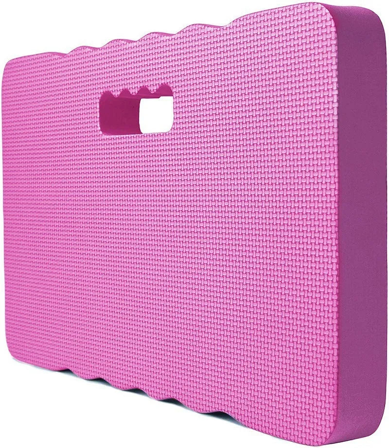 Blue EVA foam garden kneeler and seat cushion on grass, showing its size and thickness.