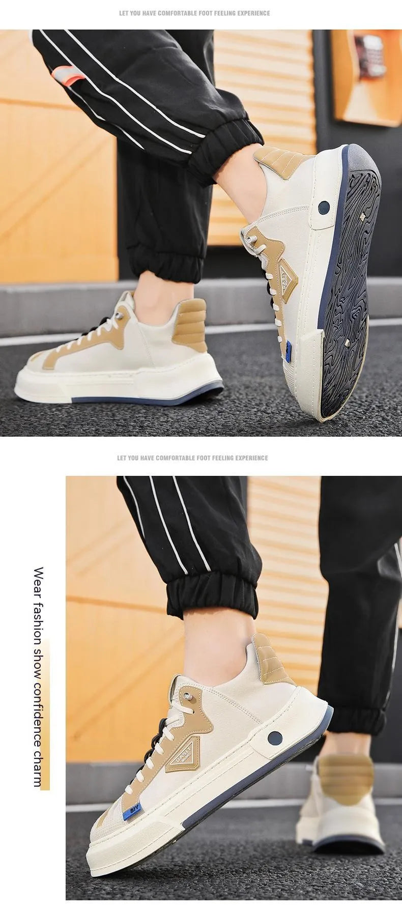Men's beige casual sneakers with elastic band fastening and microfiber upper