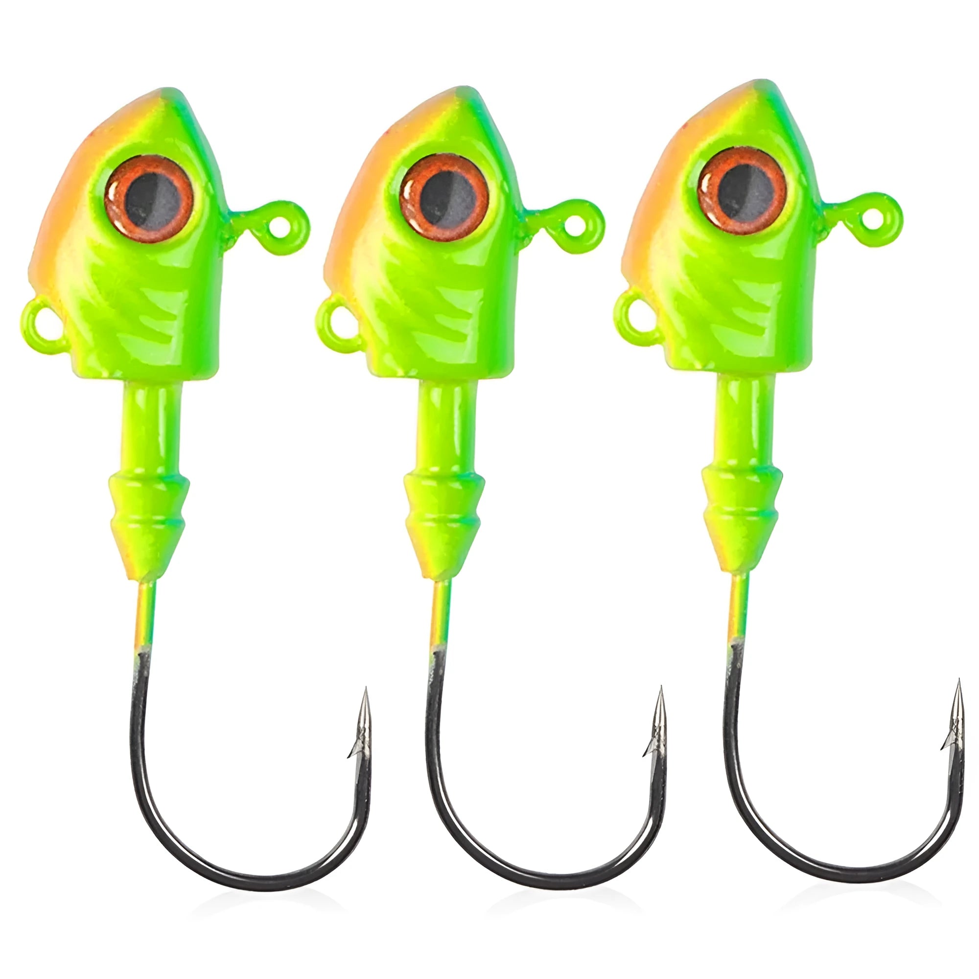Simulation Yayu shaped lead head fishing jig hooks in blue, silver, and yellow colours showing fish-shaped design.